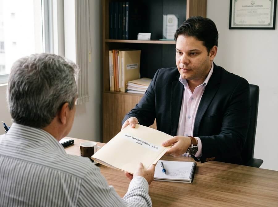 Sócio sênior entregando relatório de investigação ao cliente
